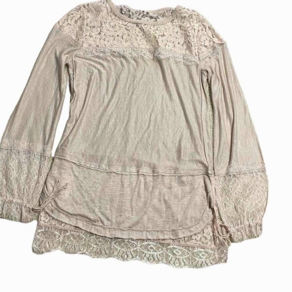 Free People New Romantics Women's Size XS Long Sleeve Lace Sheer Blouse Cream